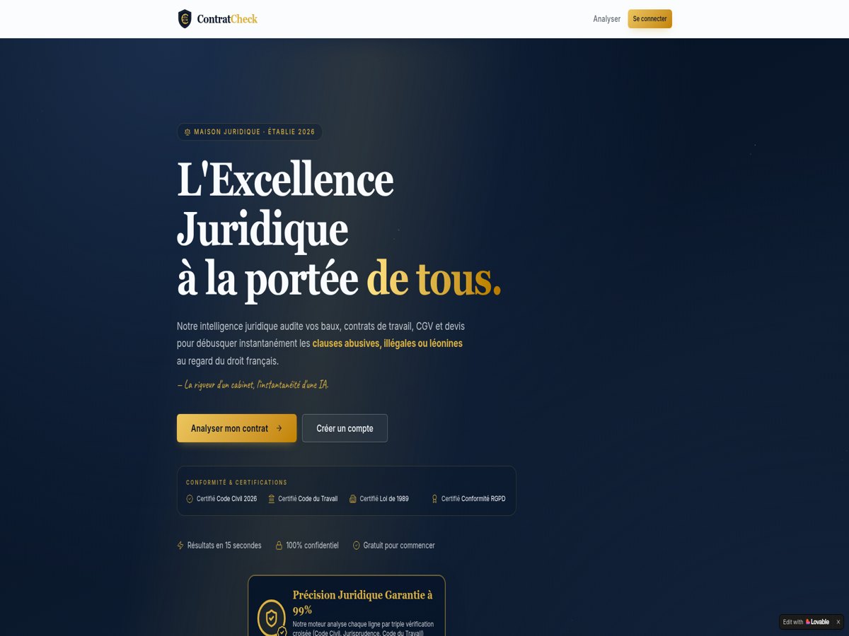 Page d'accueil de Contrat Guardien IA, analyse juridique de contrats