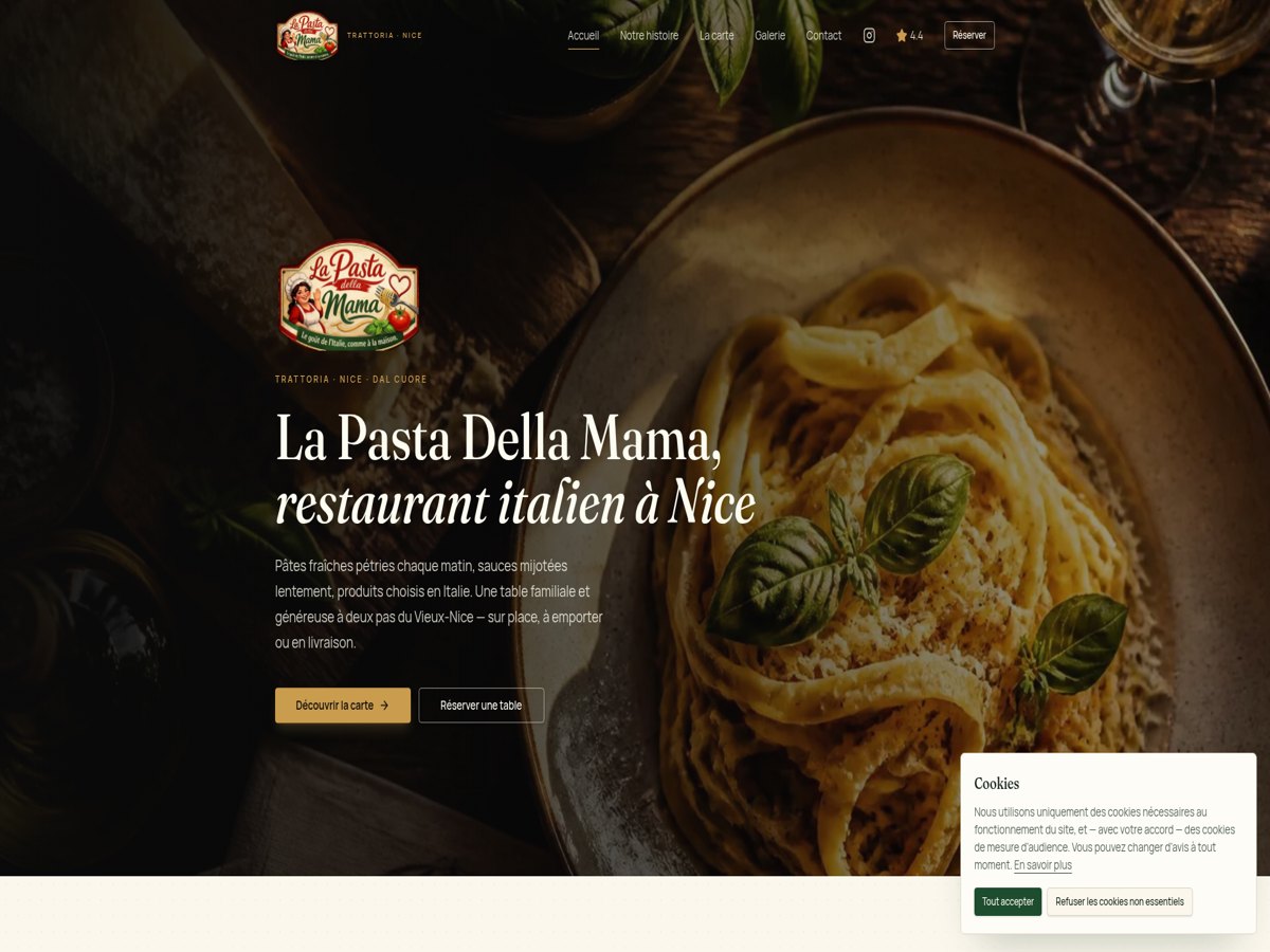 Page d'accueil du site La Pasta Della Mama, restaurant italien à Nice