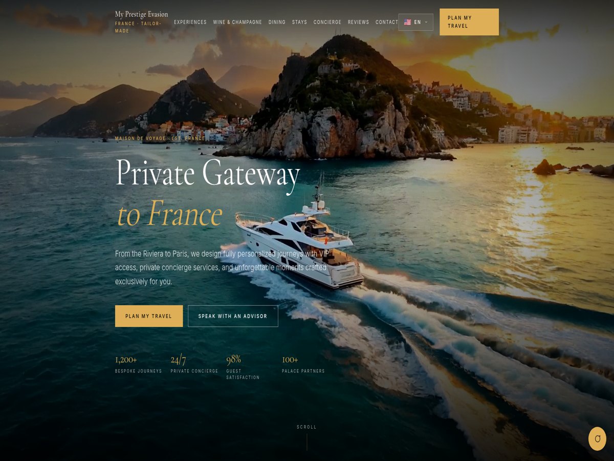 Page d'accueil du site My Prestige Evasion, voyages privés en France